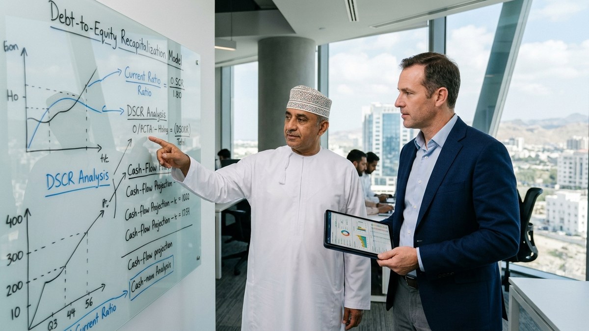Omani CFO and financial turnaround advisor in Muscat analyzing balance-sheet solvency ratios and debt-to-equity restructuring models on a glass whiteboard