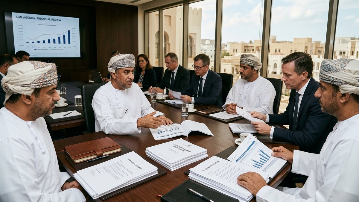 Omani directors and international shareholders in a Muscat boardroom reviewing Annual General Meeting AGM minutes and 10% legal reserve schedules