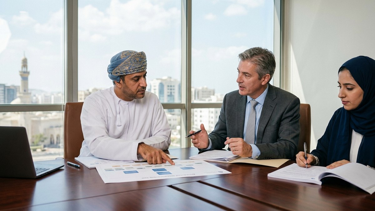 Omani Chief Compliance Officer and independent AML Audit Director in Ruwi CBD Muscat reviewing beneficial ownership charts and AML regulatory dossiers