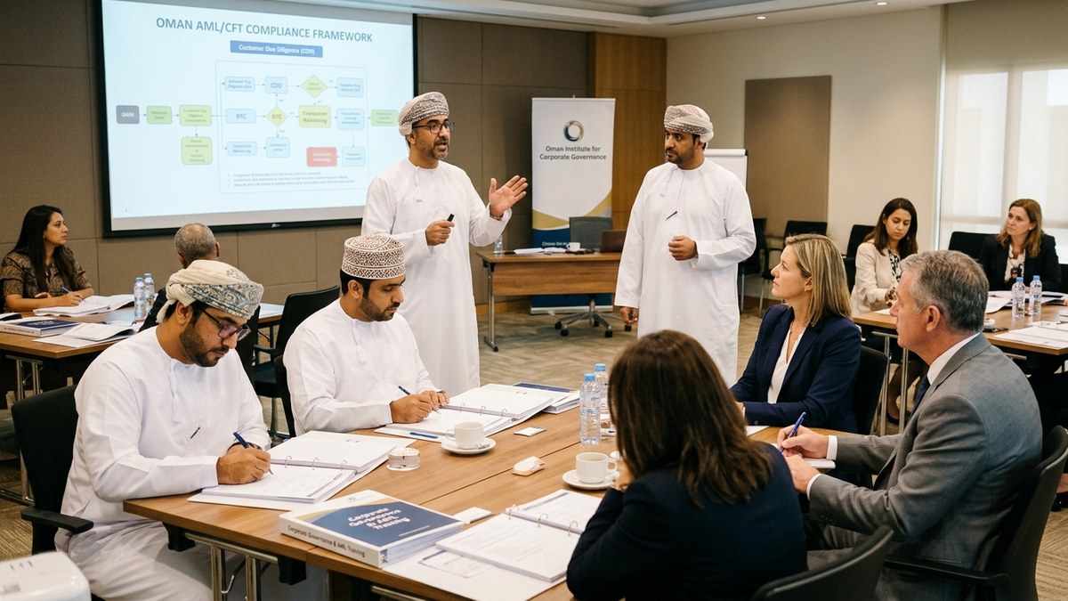 Omani AML compliance audit specialist leading an interactive corporate governance and anti-money laundering workshop in Muscat