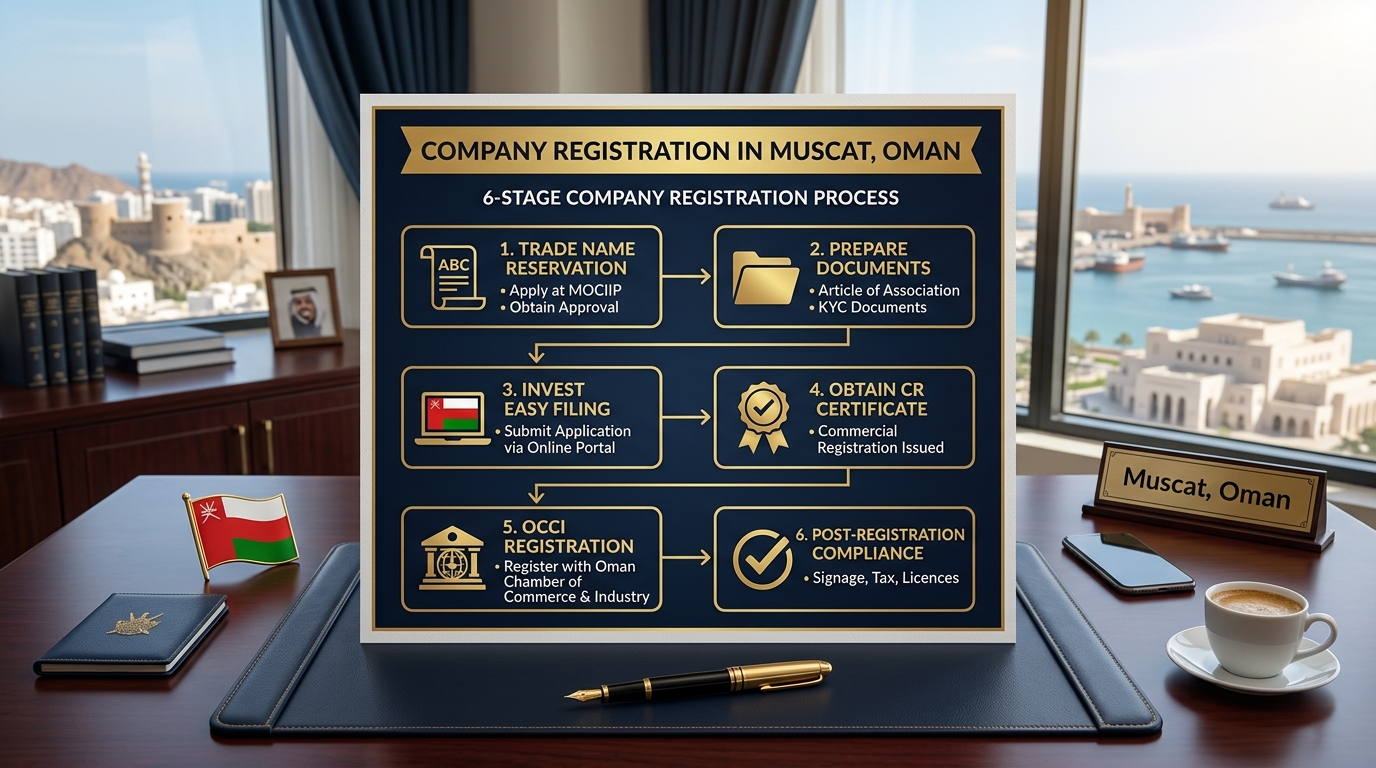 Step-by-step company registration flowchart on the Oman Business Platform