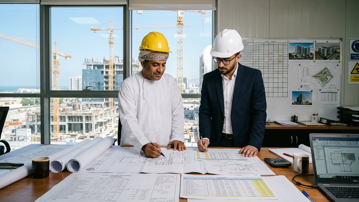 Omani Project Director and Chartered Accountant at a Muscat construction site office reviewing blueprints, IPC certificates, and IFRS 15 cost schedules