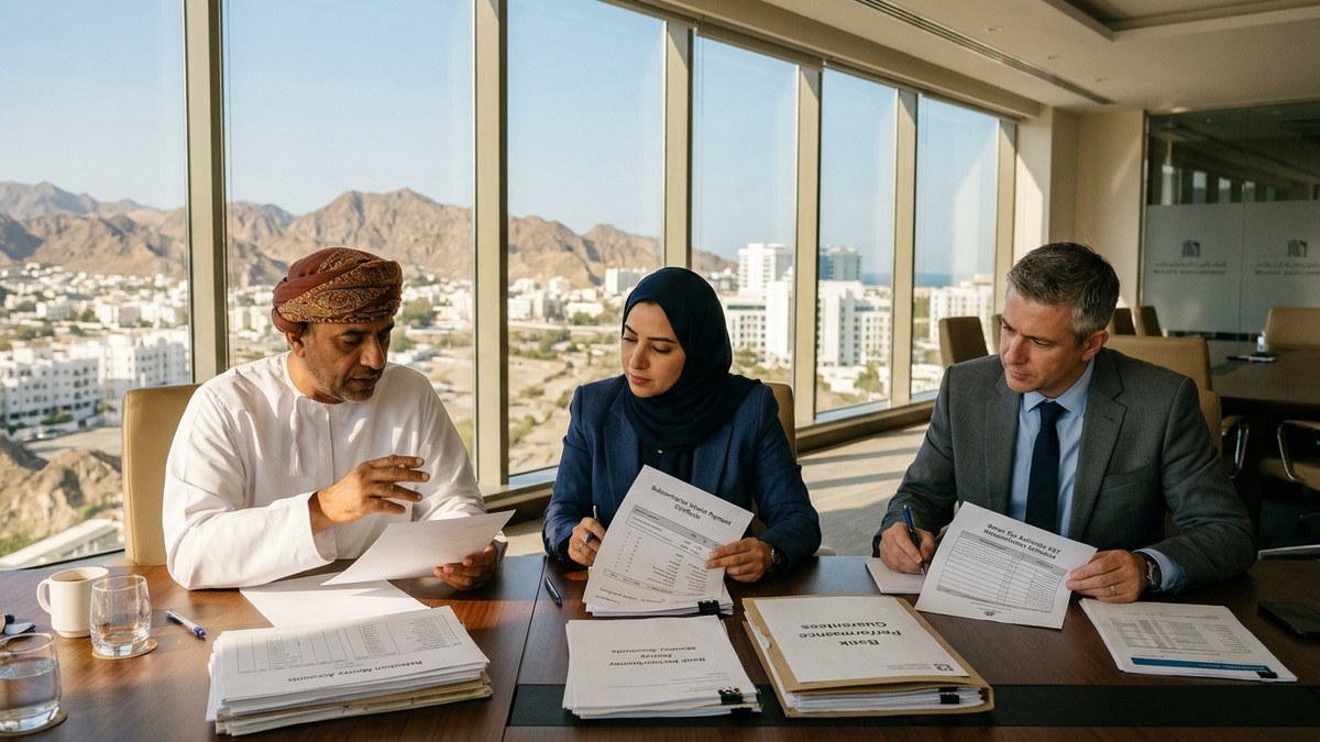 Omani CFO and real estate developer finance team in Muscat reviewing subcontractor interim payment certificates and retention money VAT ledgers