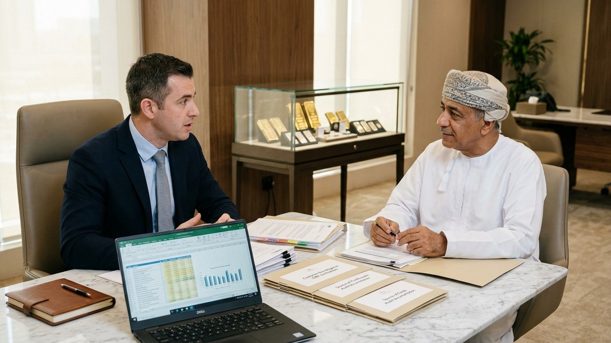 AML compliance auditor in Muscat meeting with an Omani bullion and luxury asset business owner to inspect Customer Due Diligence CDD logs