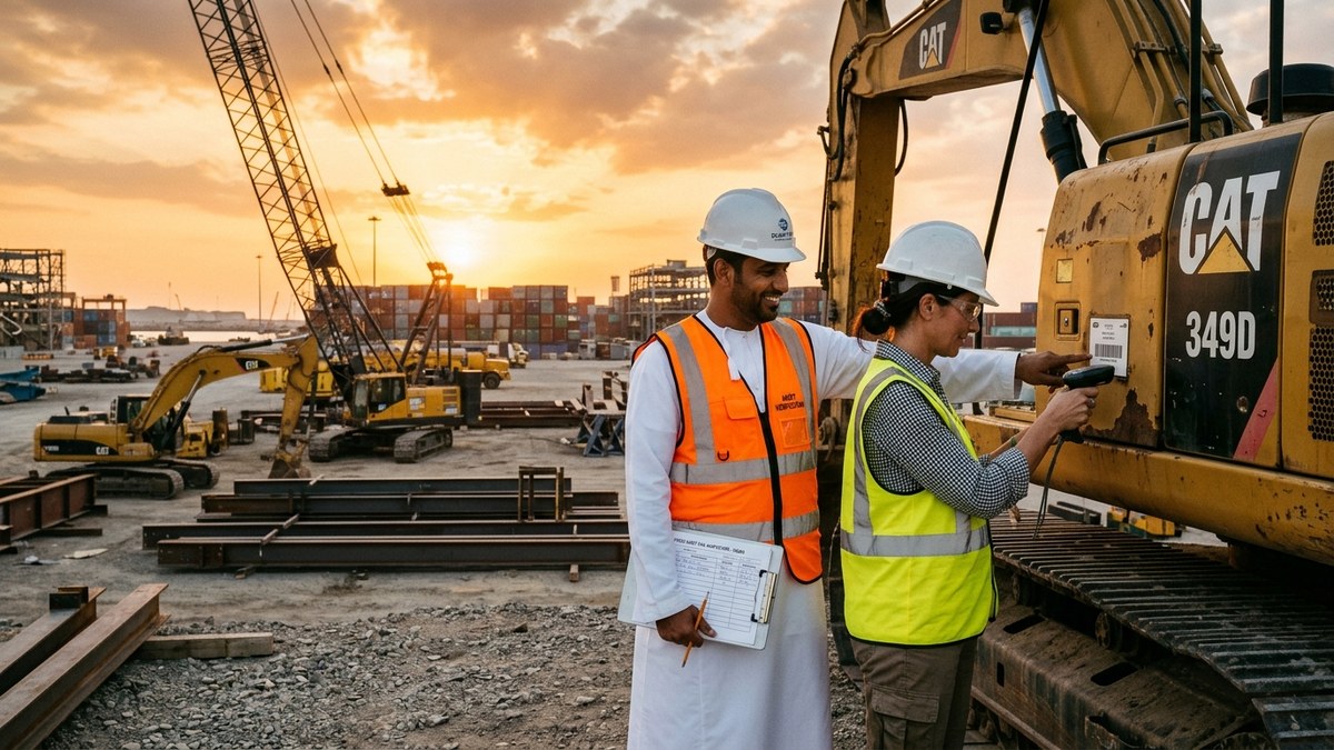 Physical asset verification auditors in safety vests and hard hats inspecting heavy earthmoving equipment and steel inventory at a Duqm Oman EPC yard
