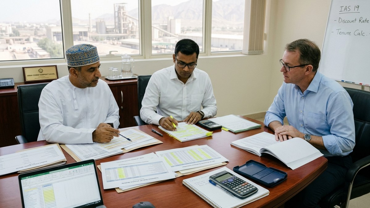 External statutory auditors in Ghala Muscat reviewing expatriate end of service gratuity IAS 19 balance sheet provisions with a manufacturing CFO