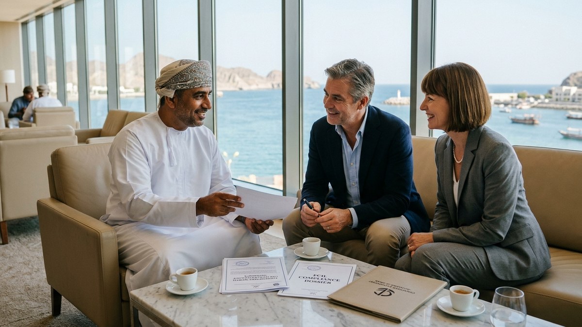 Omani Chartered Accountant consulting with an international investor couple in a Muscat sea-view executive lounge on Golden Visa net-worth audit certificates