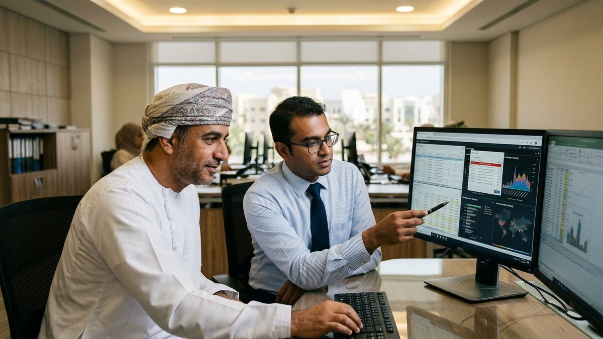 Omani AML compliance officers in Muscat analyzing GoAML suspicious transaction monitoring alerts across dual widescreen monitors