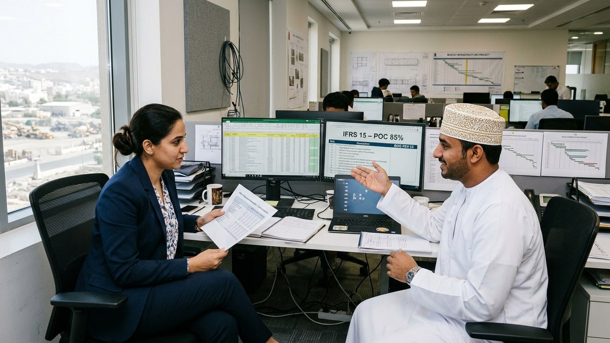 Audit manager and Omani project quantity surveyor in Ghala Muscat comparing engineering BOQ progress sheets with IFRS 15 accounting schedules