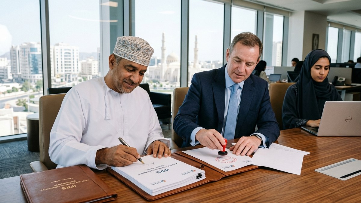 Omani Managing Director and Statutory Audit Partner in Al Khuwair Muscat signing and stamping IFRS Audited Financial Statements for Oman Business Platform upload