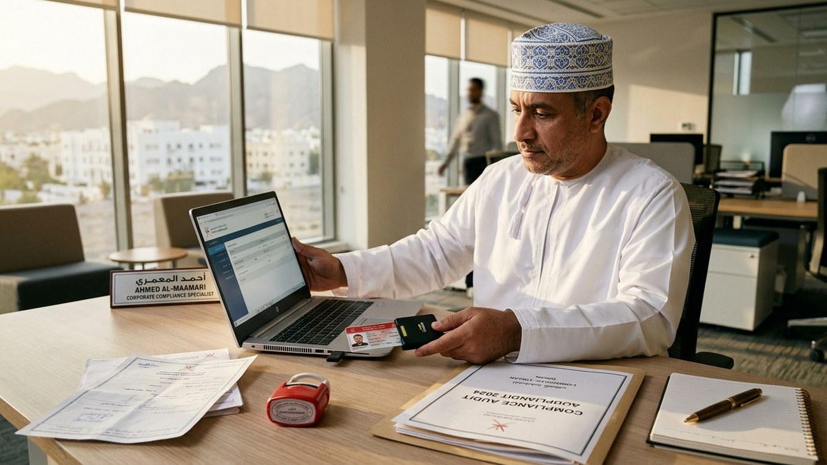 Omani corporate compliance specialist in Muscat inserting a PKI smart card reader into a laptop to upload audited financial statements on the Oman Business Platform