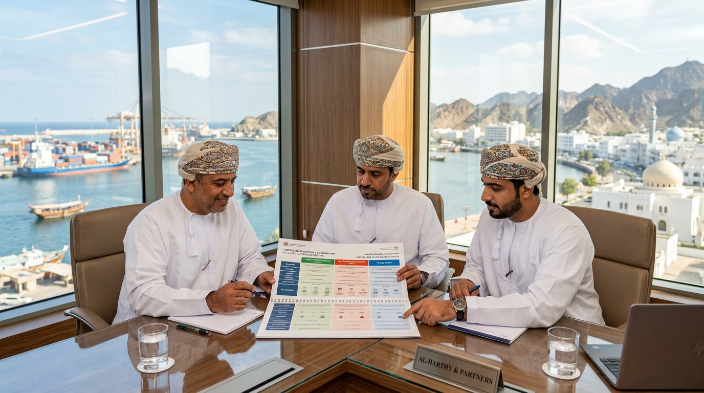 Comparison of LLC, Single Person Company, and Foreign Branch Office structures in Oman