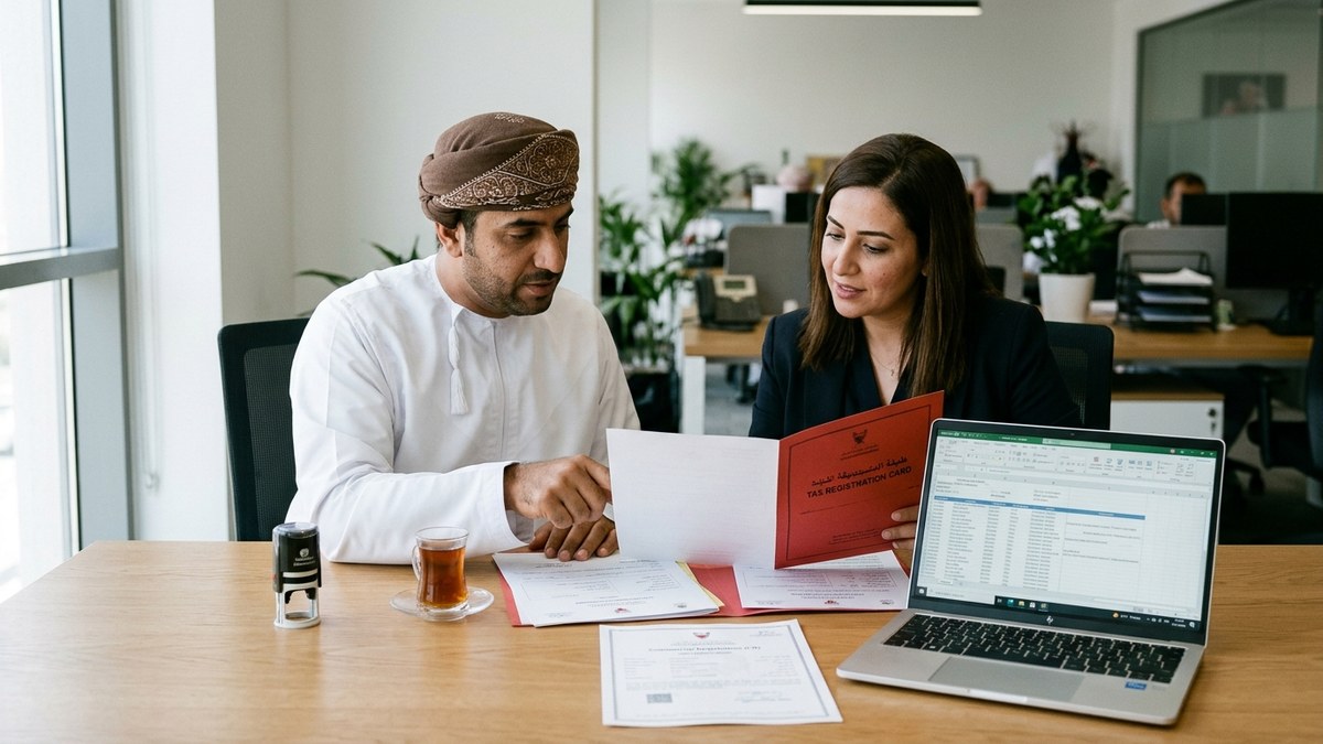 Omani tax consultant and corporate compliance officer in Bousher Muscat verifying Oman Tax Card renewal and commercial registration documents