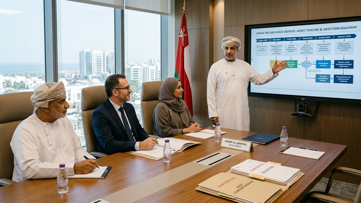 Senior Omani tax partner in Muscat presenting a structured tax objection and appeal timeline chart to corporate directors