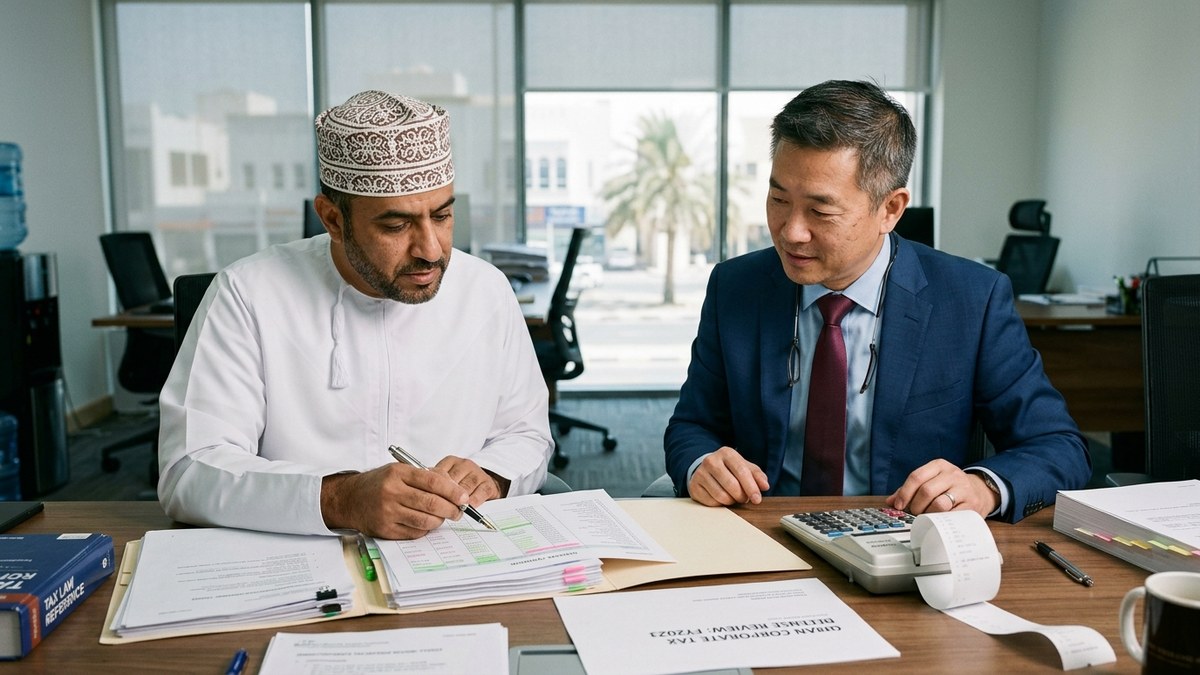 Senior tax auditors in Muscat reviewing related-party contracts, withholding tax payment vouchers, and highlighted general ledger schedules