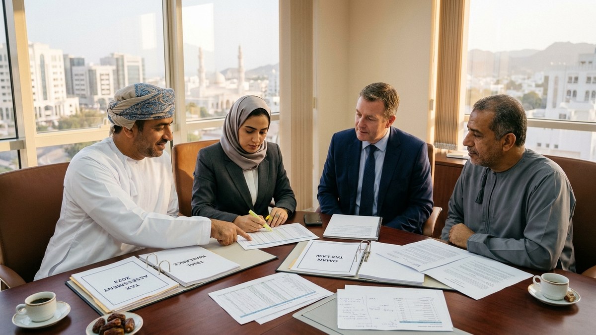 Omani Tax Director and senior chartered accountants in Muscat reviewing Oman Tax Authority assessment dossiers and IFRS financial statements