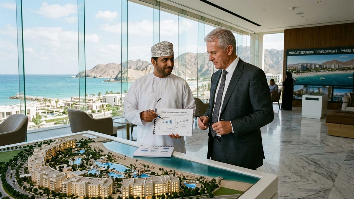 Omani financial audit advisor and real estate developer executive reviewing architectural scale models and project escrow audit reports in Muscat