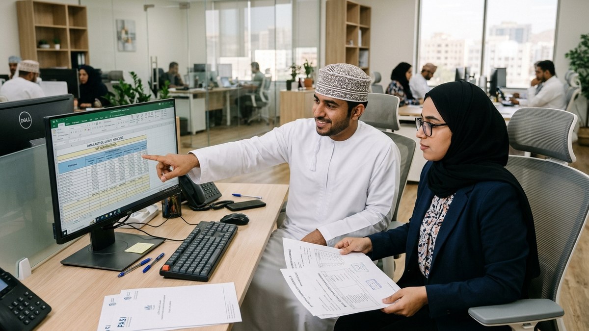 Omani payroll accountants in Ruwi Muscat cross-checking Social Protection Fund SPF contribution branches and bank transfer vouchers