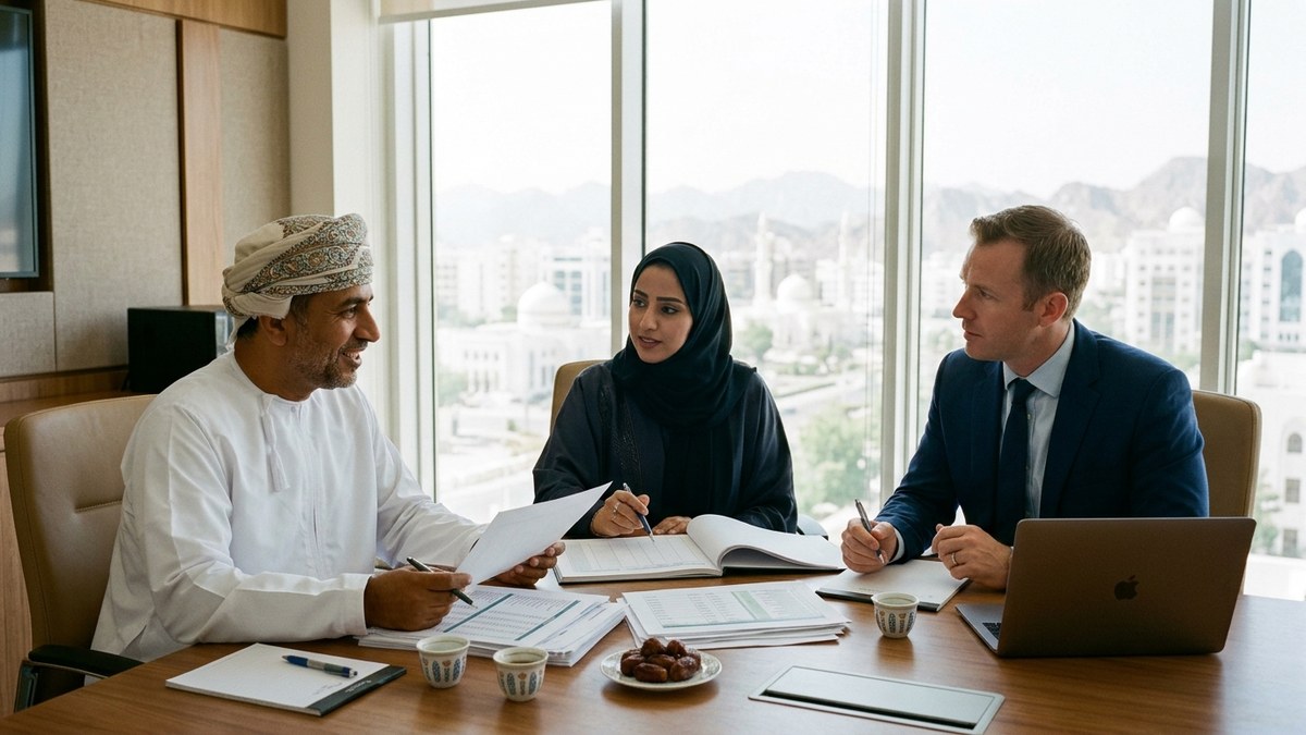 Omani Senior Audit Partner and Finance Director in Muscat reviewing Social Protection Fund SPF payroll ledgers and IAS 19 gratuity provisions