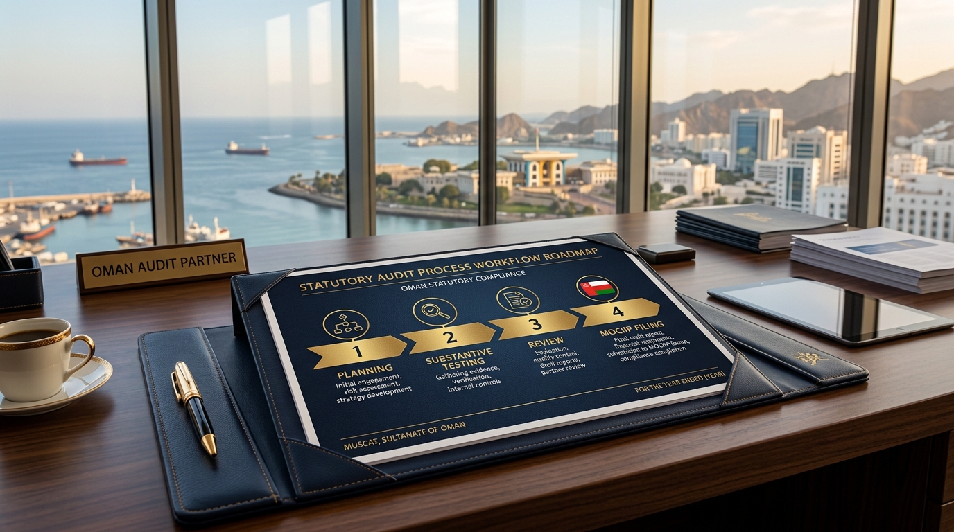 Four-stage statutory audit process workflow for Omani corporate entities