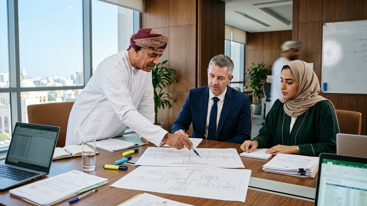 Forensic audit team in Muscat examining multi-layered corporate shareholding organograms and UBO KYC dossiers on a conference table
