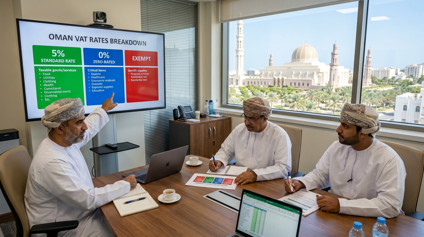 Breakdown of standard 5 percent zero-rated and exempt supplies under Oman VAT Law