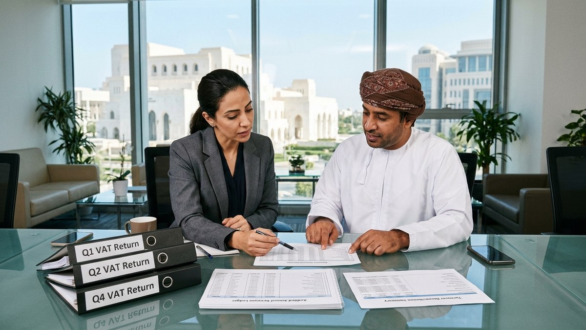 Financial controller and external Omani tax advisor in Muscat comparing four quarterly 5% VAT return binders against annual audited revenue ledgers