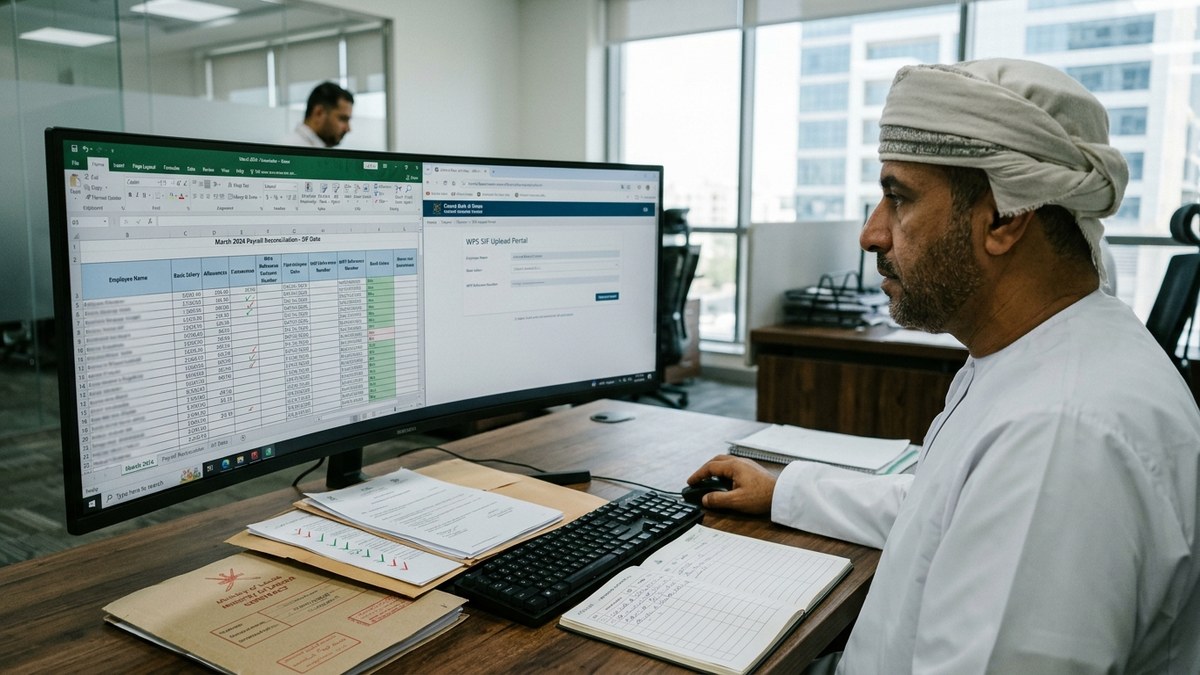 Corporate treasury manager in Muscat reconciling Wage Protection System WPS Salary Information Files SIF with employment contracts